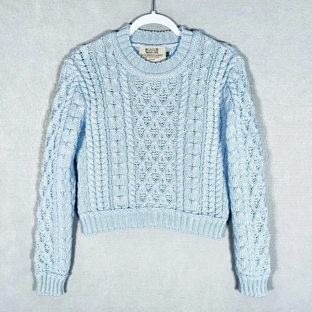 Vintage Aran Fisherman Sweater Womens S Blue Irish Wool Cable Knit Crop